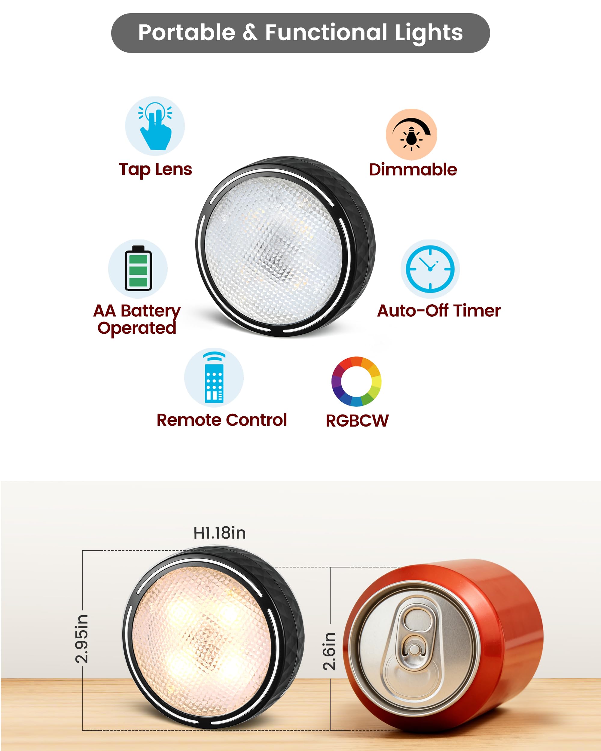 Luci LED Puck a batteria, luci senza fili per armadio, luci da incasso, con telecomando, cambiano colore sotto le luci da cucina, libreria, confezione da 2, colore nero