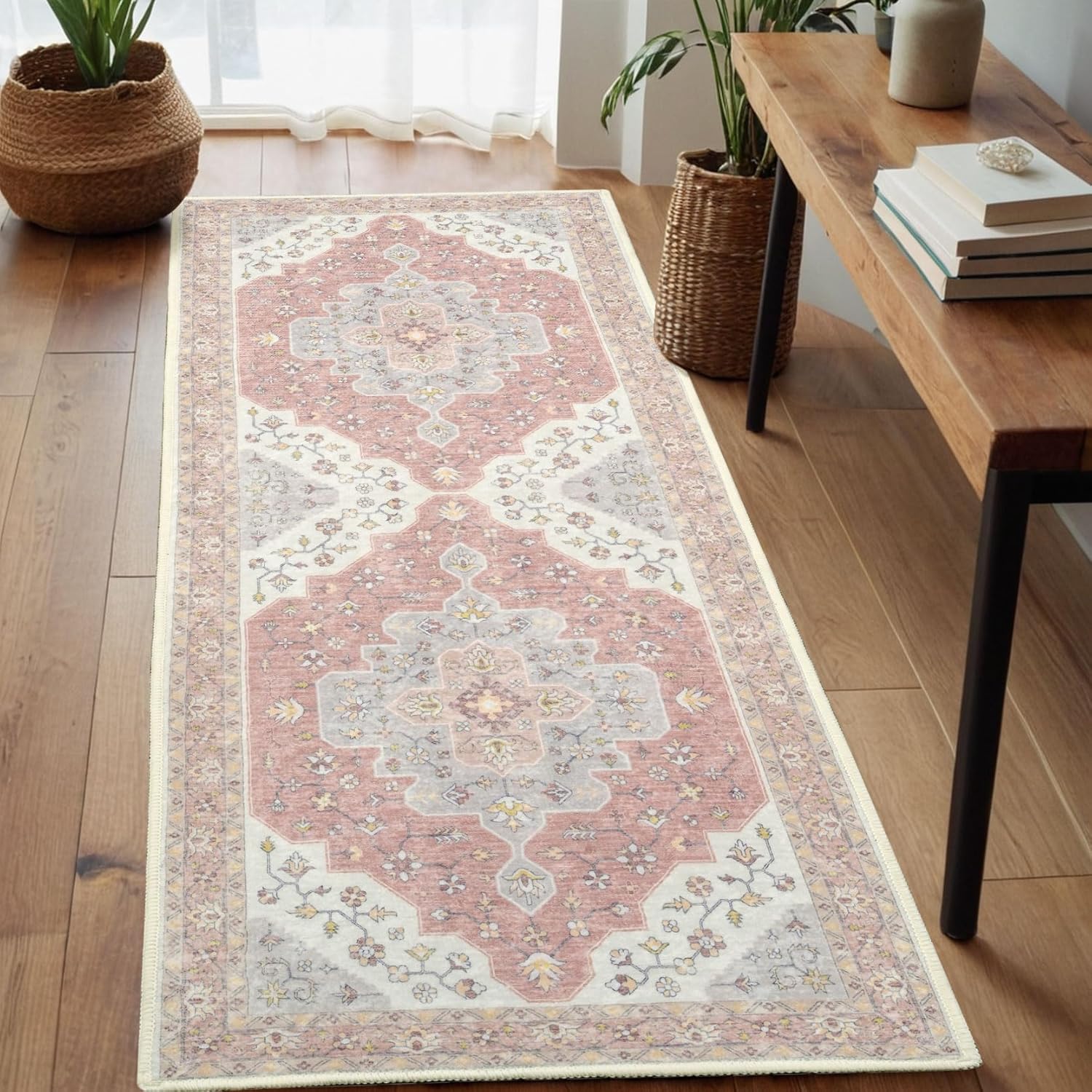Boho Runner Rug Machine Washable Area Rug 2x6, Spill-Proof Surface, Non-Slip Backing, Cozy Soft Faux Wool, Printed Hallway Rugs 2x6, Kitchen Rugs, Entryway Rugs - Ashy Ashy 2'x6'