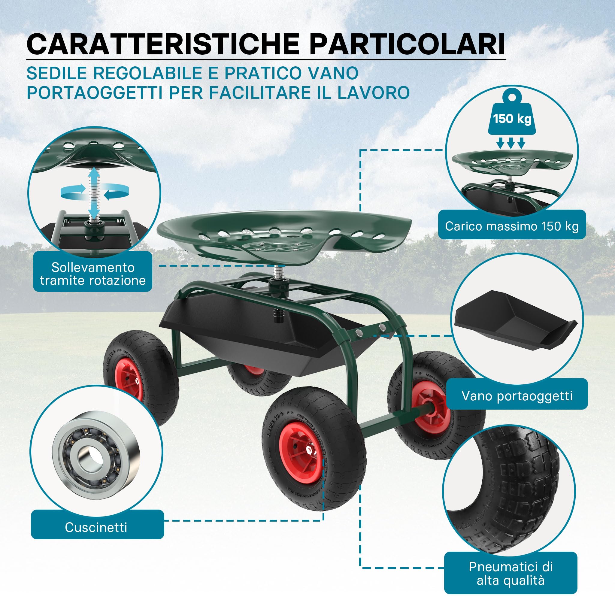 Wiltec Sgabello da Giardinaggio e Officina con Ruote e Porta Oggetti, Sgabello a Carrello, Portata 150 kg