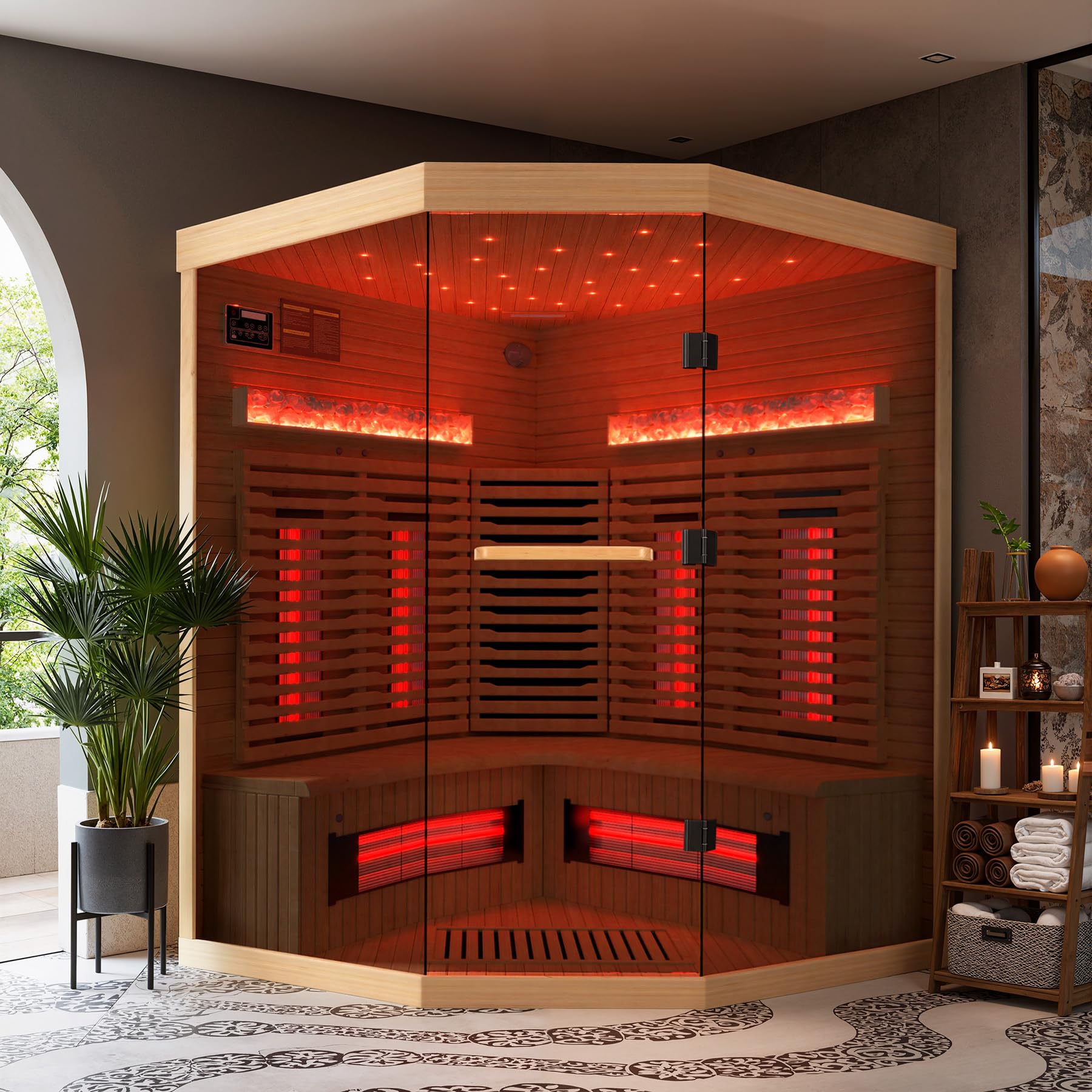 3-4 Person Corner Infrared Sauna- Luxury Home Sauna Spa Room with Himalayan Salt Therapy, Canadian Hemlock&Panoramic Tempered Glass,220V