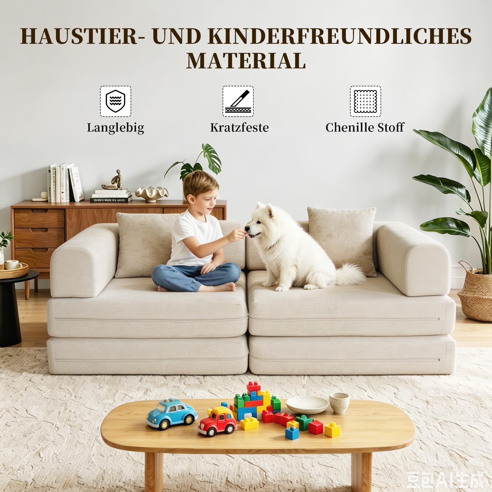 Schlafsofa 200cm Breit, Boneless Couch mit Kuscheliger Chenille-Stoff, Modulares Bodensofa klappbar, 3-Sitzer Sofa mit Schlaffunktion, Waschbarer Bezug, Metallrahmen & 2 Kissen, Cremeweiß