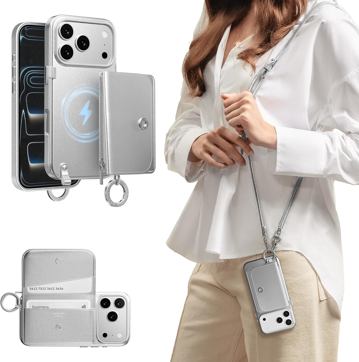 MAGEASY Designed for Phone 17 Pro Wallet Case with Crossbody Strap - Compatible with MagSafe Detachable Coin Purse & Card Slot, Leather Crossbody Lanyard, 16ft Drop Protection | Pouch M (Silver) Phone 17 Pro Silver