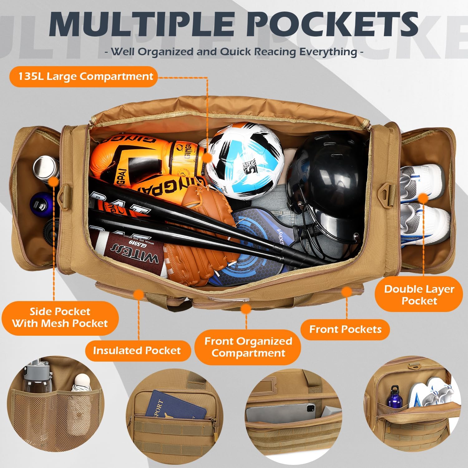 135L Large Duffle Bag, Heavy Duty Duffle Bag for Travel, Extra Large Sports Gym Equipment Bag for Soccer Baseball Basketball Hockey Football, Brown - Image 4