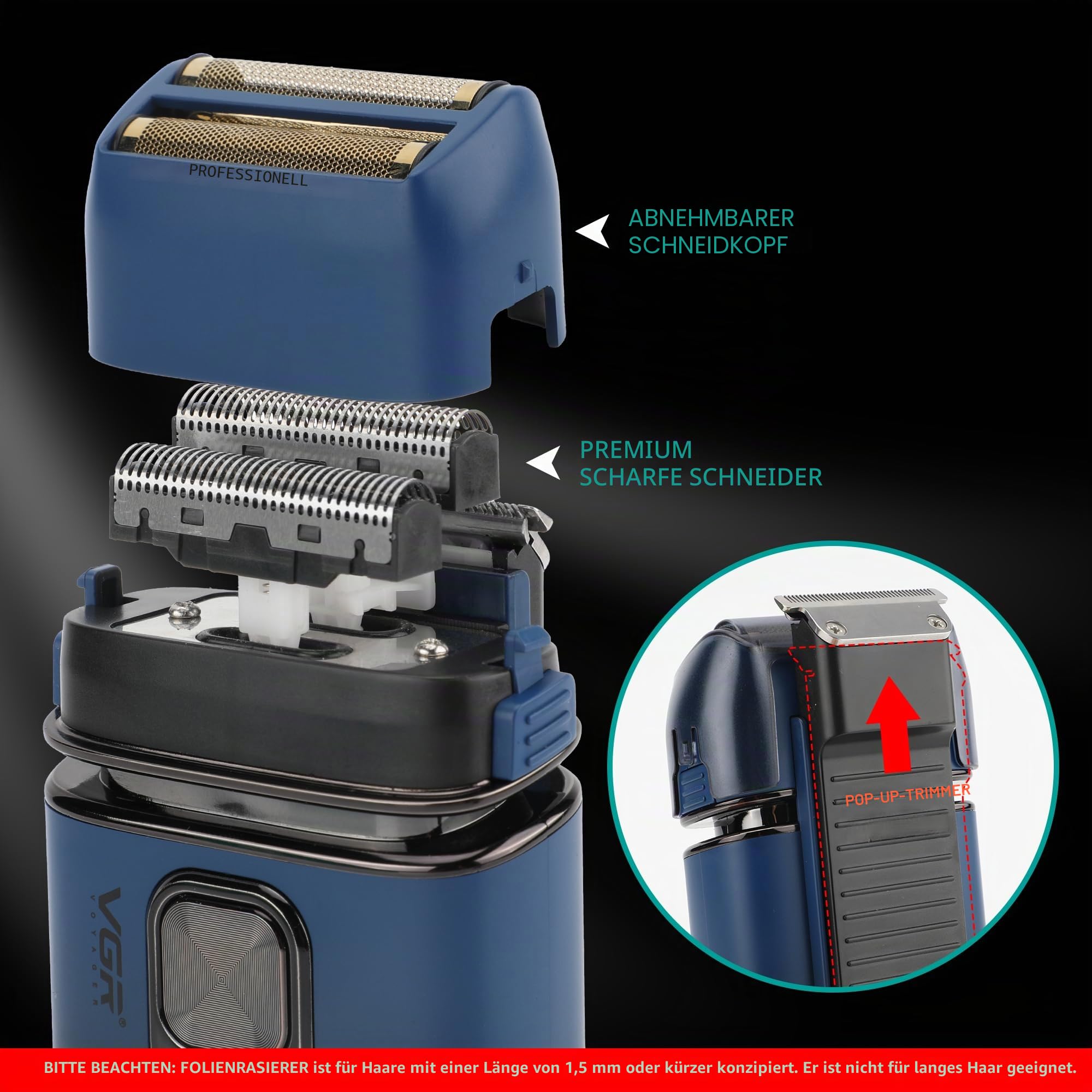 VGR Elektrischer Folienrasierer für Herren, 7500 U/min, Pop-Up-Trimmer, USB-C-wiederaufladbarer 120-min-Akku, für Gesicht, Haare, Bart, Hals, Glatze, Haut, verblassend