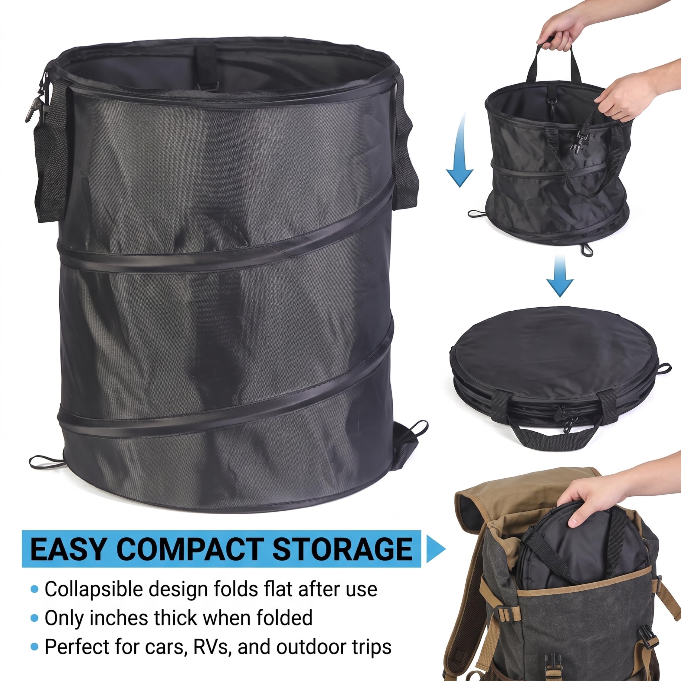 Pattumiera da campeggio, pattumiera pieghevole portatile con chiusura a clip, tessuto Oxford impermeabile per barbecue da picnic all'aperto, spazzatura da campeggio nera