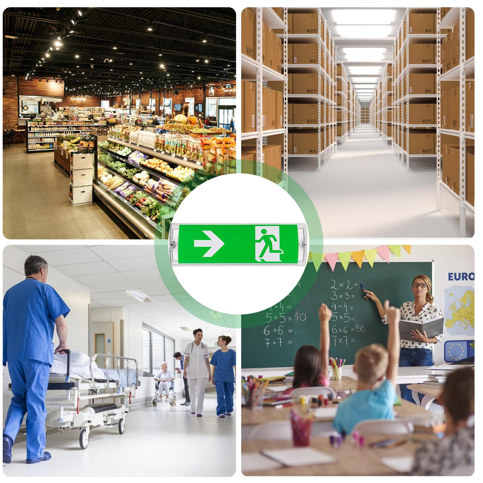 Panneau d'urgence LED professionnel avec éclairage de secours à batterie | Panneau de sortie de secours étanche IP65 | 4 pictogrammes de sécurité interchangeables | Charge automatique pour