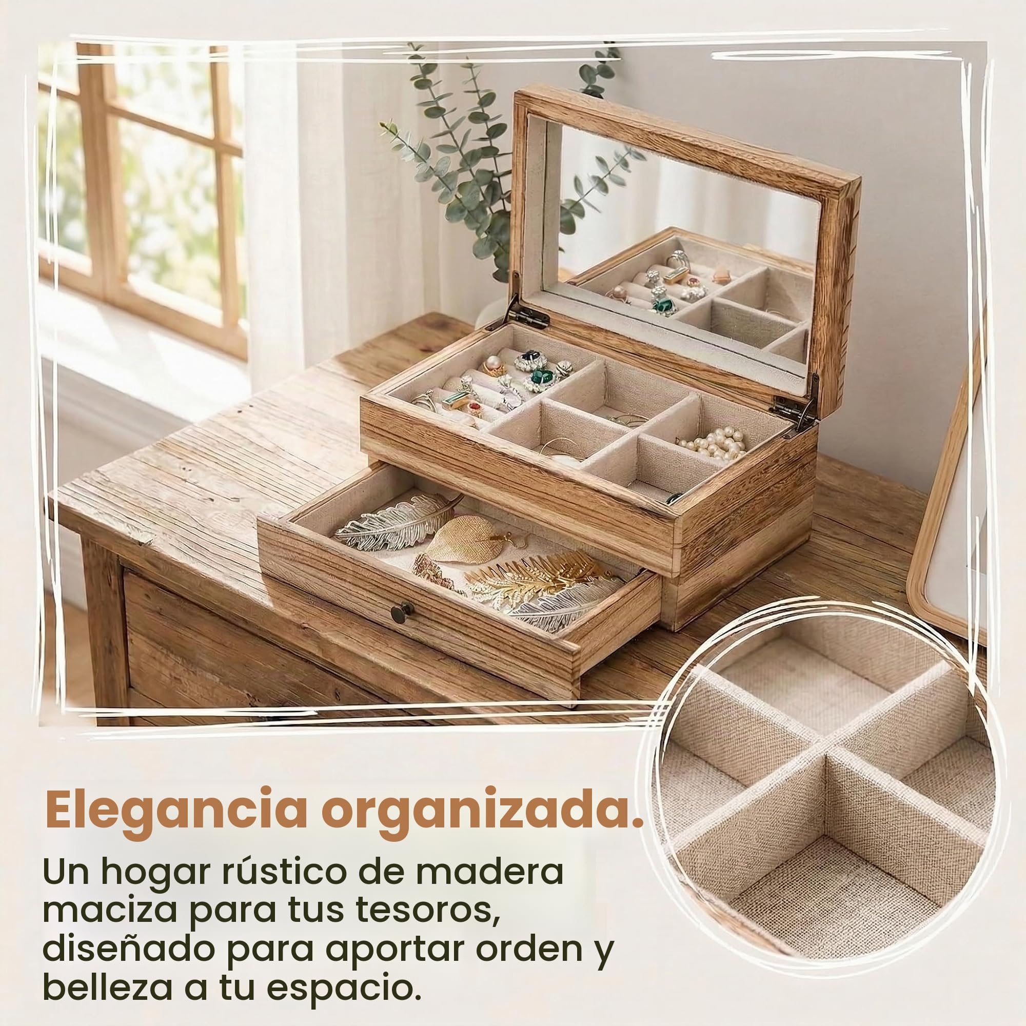 Tebery Caja Organizadora de Joyas de Madera Rústica con Espejo para Mujeres y Niñas, Caja de Almacenamiento de Joyas Vintage de 2 Capas con Bandeja para Anillos, Collares, Aretes, Pulseras (Madera