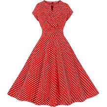 Women Vintage Polka Dot Swing Dress 1950s Retro Cocktail Party Midi Dresses Short Sleeve Pleated A Line Prom Gown