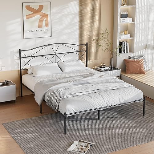 Miniatura 6 de VECELO Base de cama de plataforma metálica de tamaño matrimonial con cabecera y estribo, base de colchón de soporte de listones resistentes, no