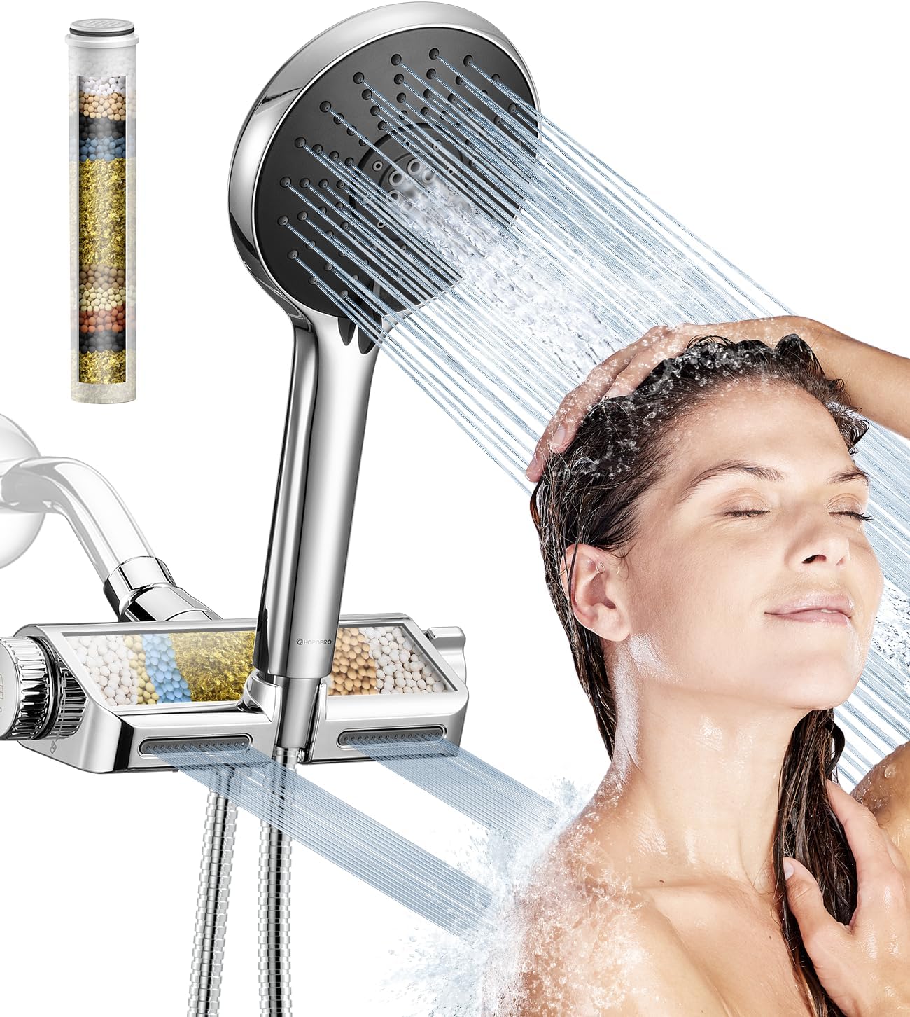 HOPOPRO Filtered Shower Head with Handheld Combo, Dual Water Softener Shower Head with Massage, High Pressure Shower Head with Filters for Hard Water, Remove Chlorine, Reduce Dry Itchy Skin Chrome Black