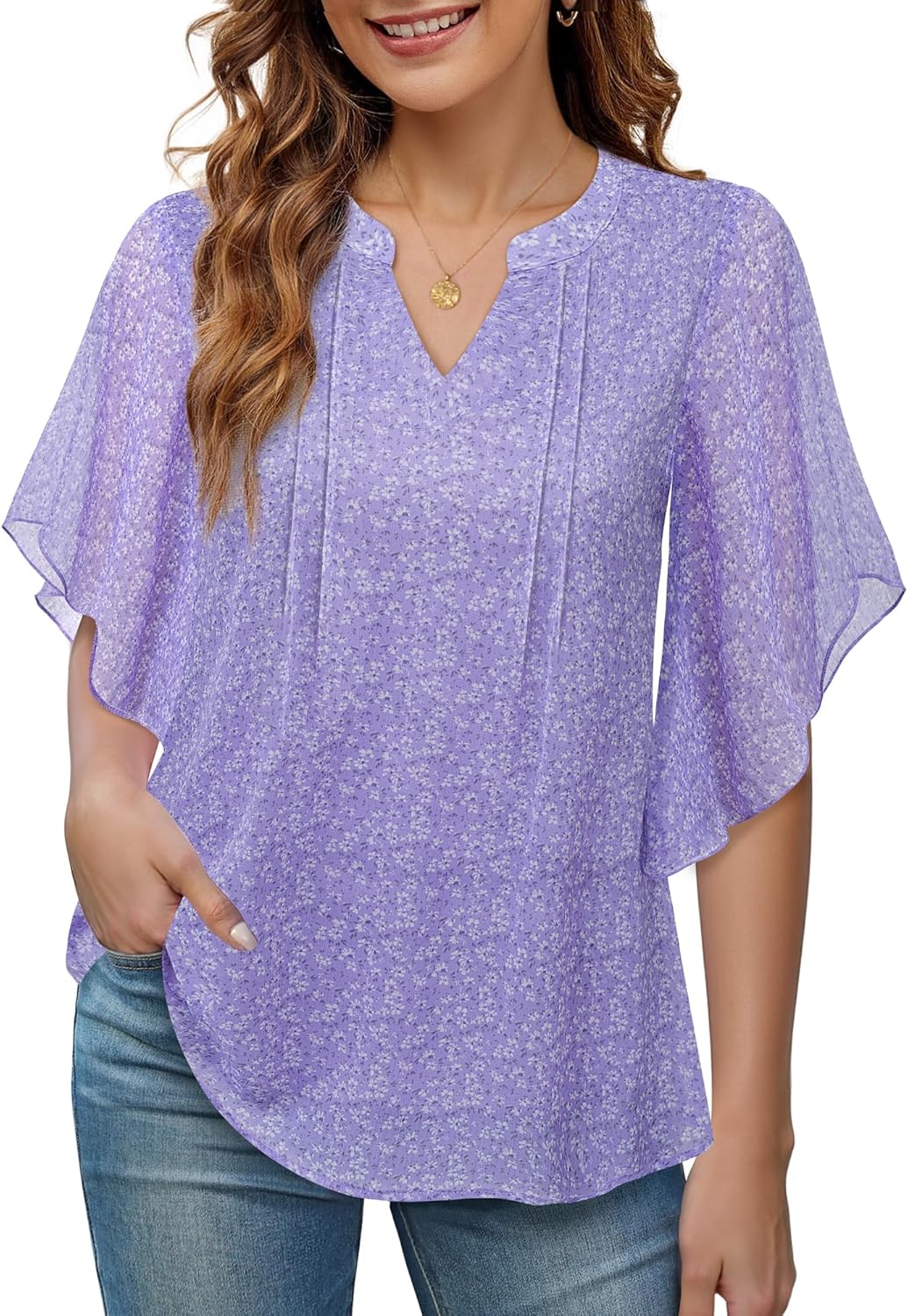 VALOLIA Womens Blouses Dressy Casual V Neck Chiffon Ruffle Short Sleeve Shirts Double Layers Tops - Image 2