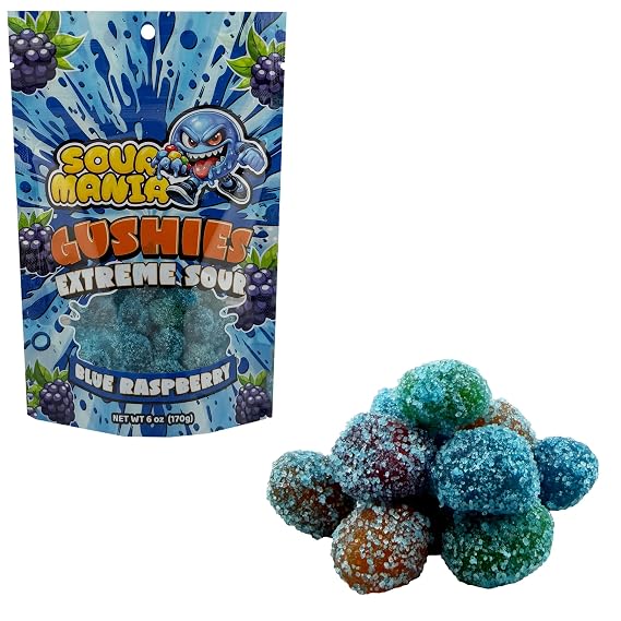 SourMania Gushies Extreme Sour Gummy Candy, Super Tangy Flavors, 6 oz Bag (Blue-Raspberry)
