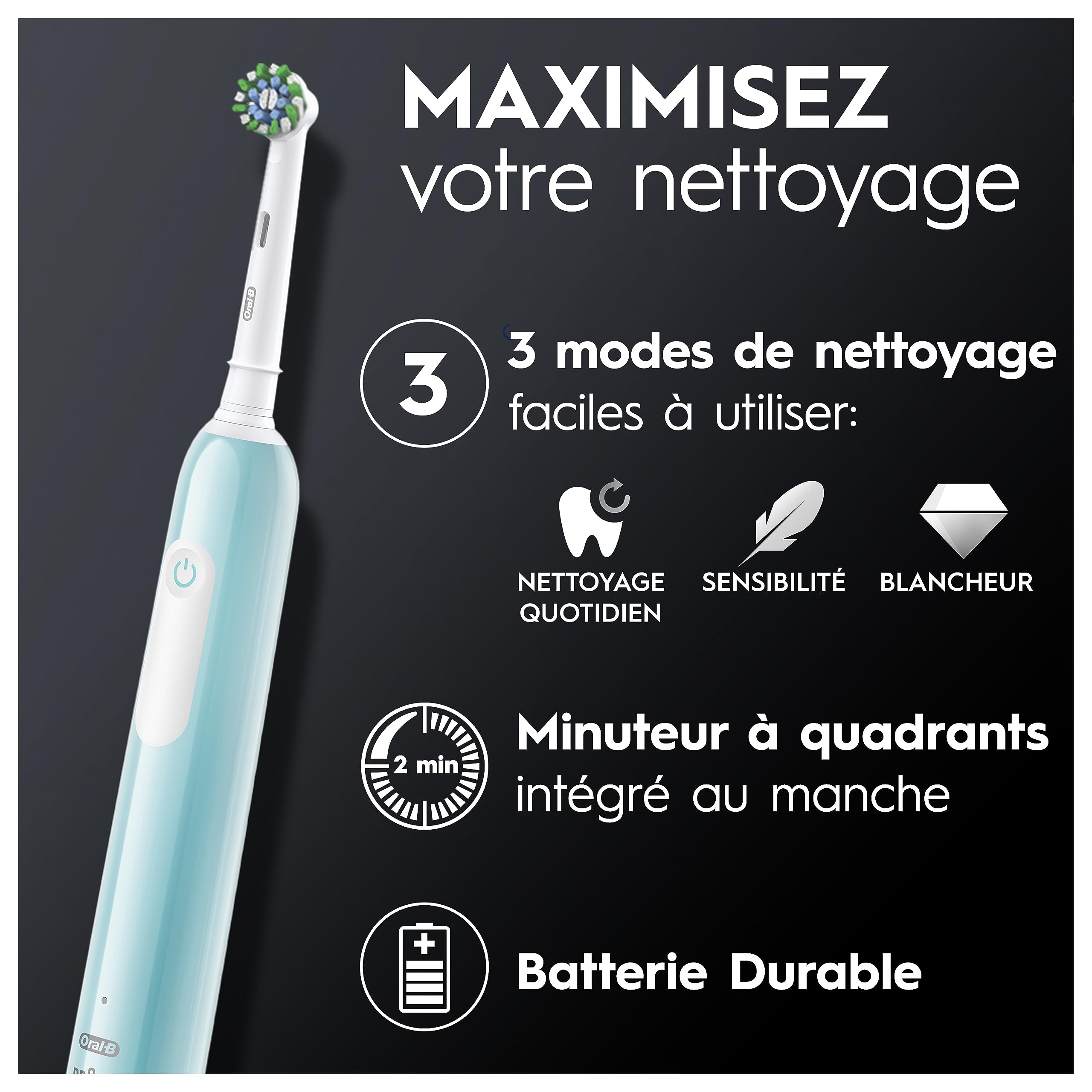 Oral-B Brosses A Dents Electriques Pro 1 Bleue Et Noire, 3 Modes De Nettoyage 3D Dont Douceur, Brossage Avec Des Oscillo-Rotations Et Pulsations, 2 Brossettes De Rechange Rondes Oral B, Chargeur