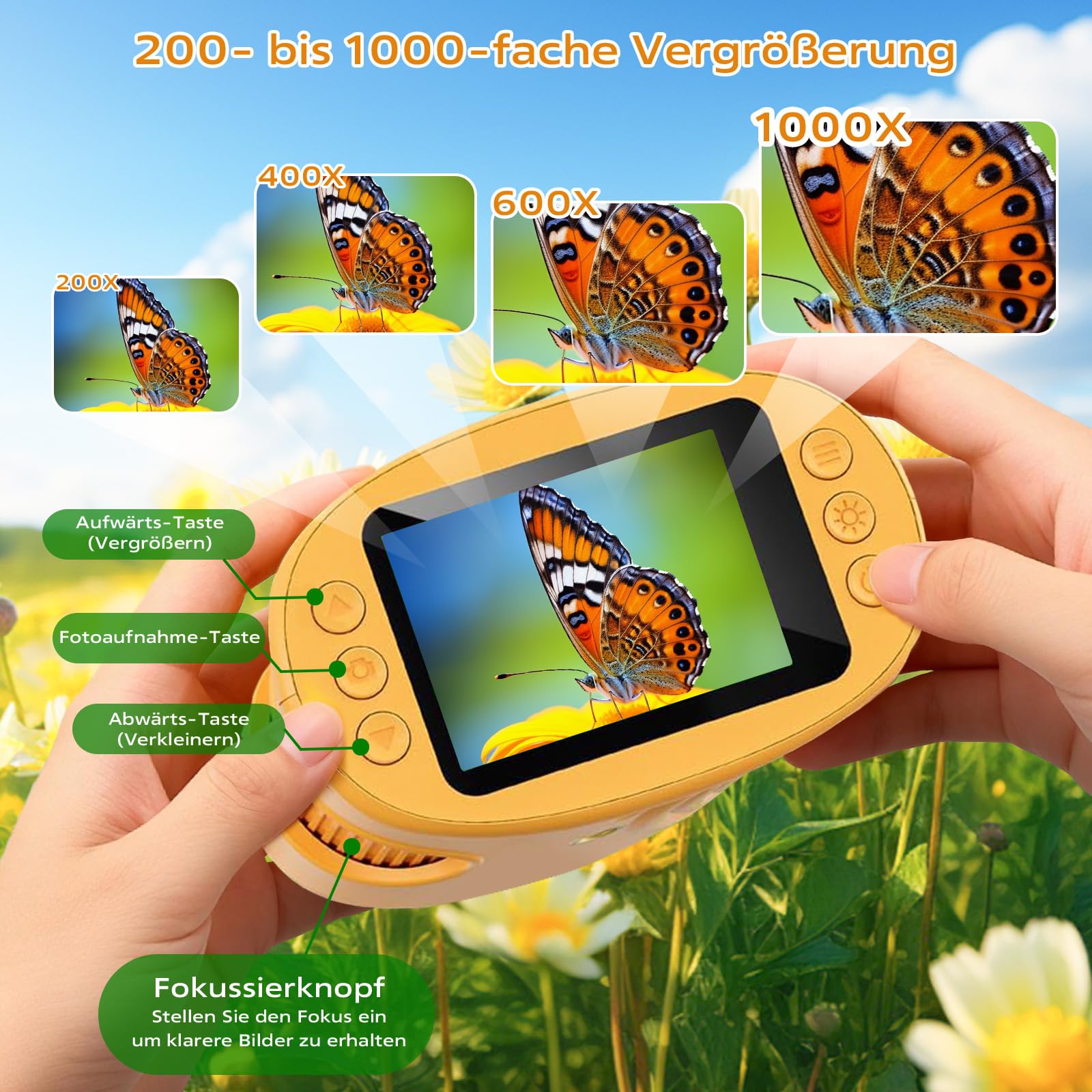 1000X Digital Mikroskop für Kinder, Handy Taschenmikroskop mit 2.0" IPS Bildschirm & 8 LED Licht für Kinder im Alter von 3–6, 6–12 Jahren, Studenten, Jungen und Mädchen [inkl Fotofunktion]