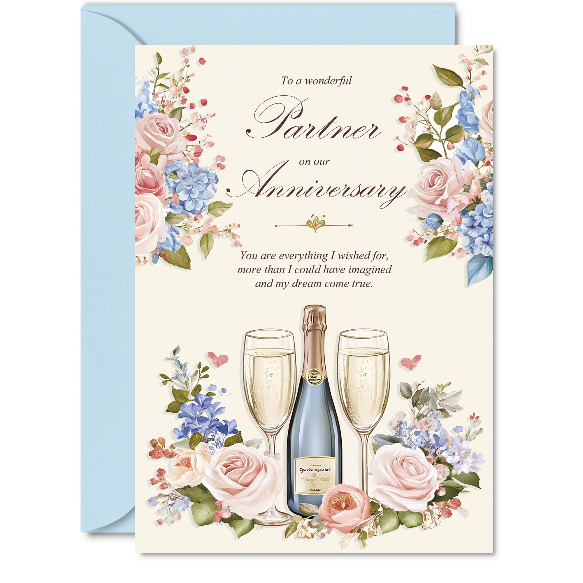 Partner Anniversary Card - Floral Champagne - Happy Anniversary Card for Partner from Boyfriend Girlfriend, A5 Wedding Anniversaries Greeting Cards