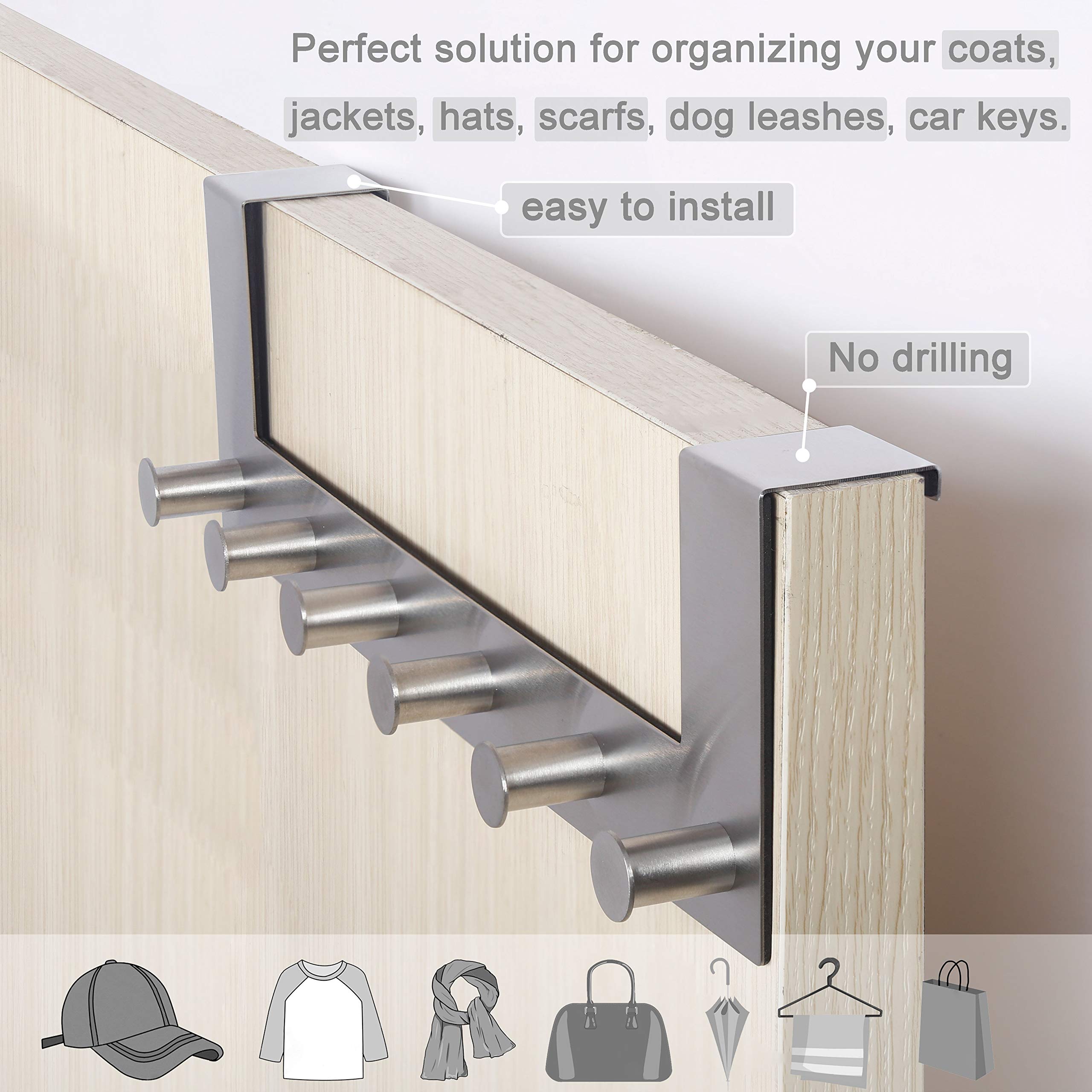 WEBI Over The Door Hooks Door Hanger,Over The Door Towel Rack with 6 Peg Hooks for Hanging,Over Door Coat Rack for Clothes,Back of Bathroom,Silver - Image 4