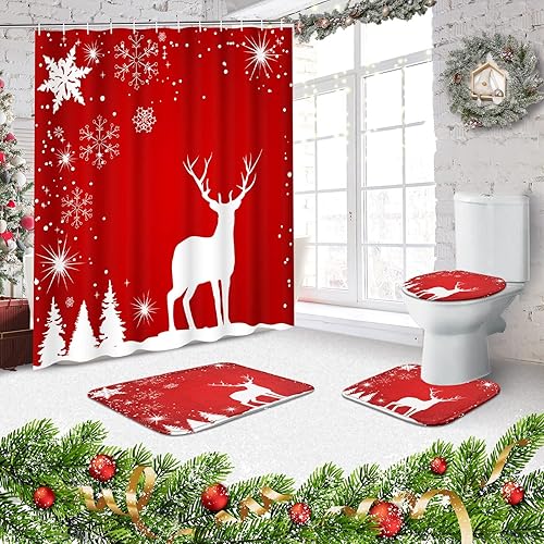 Miniatura 3 de ArtSocket Juego de baño de Feliz Navidad con cortina de ducha y accesorios de alfombras, cortina de ducha de reno de Navidad, copos de nieve para