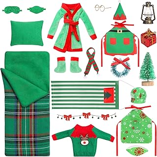 20 Pcs Christmas Elf AccessoriesÂ Clothes, SleepingÂ Bag Christmas Accessory for Elf Doll Include Elf SleepingÂ BagÂ Apron Chef Hat Sweater Scarf Glasses Bathrobe Shoes Hammock for Elf Doll Decor