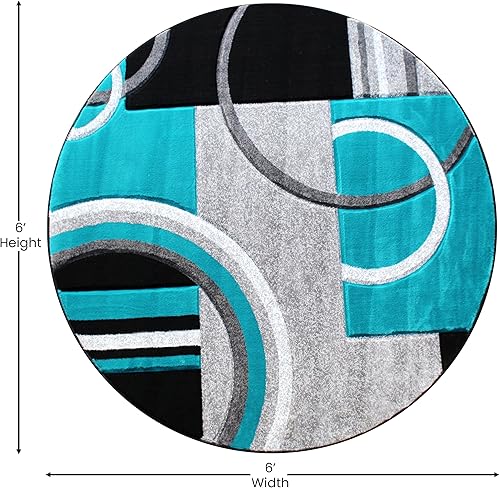 Miniatura 2 de EMMA + OLIVER Alfombra decorativa de olefina, patrón geométrico moderno en turquesa, redonda de 5 x 5, felpa esculpida en 3D, fácil mantenimiento,