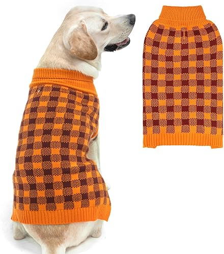 Miniatura 1 de PUPTECK Suéter a cuadros para perro y gato, ropa de punto para otoño e invierno, ropa cálida para perros pequeños, medianos y grandes, naranja, L