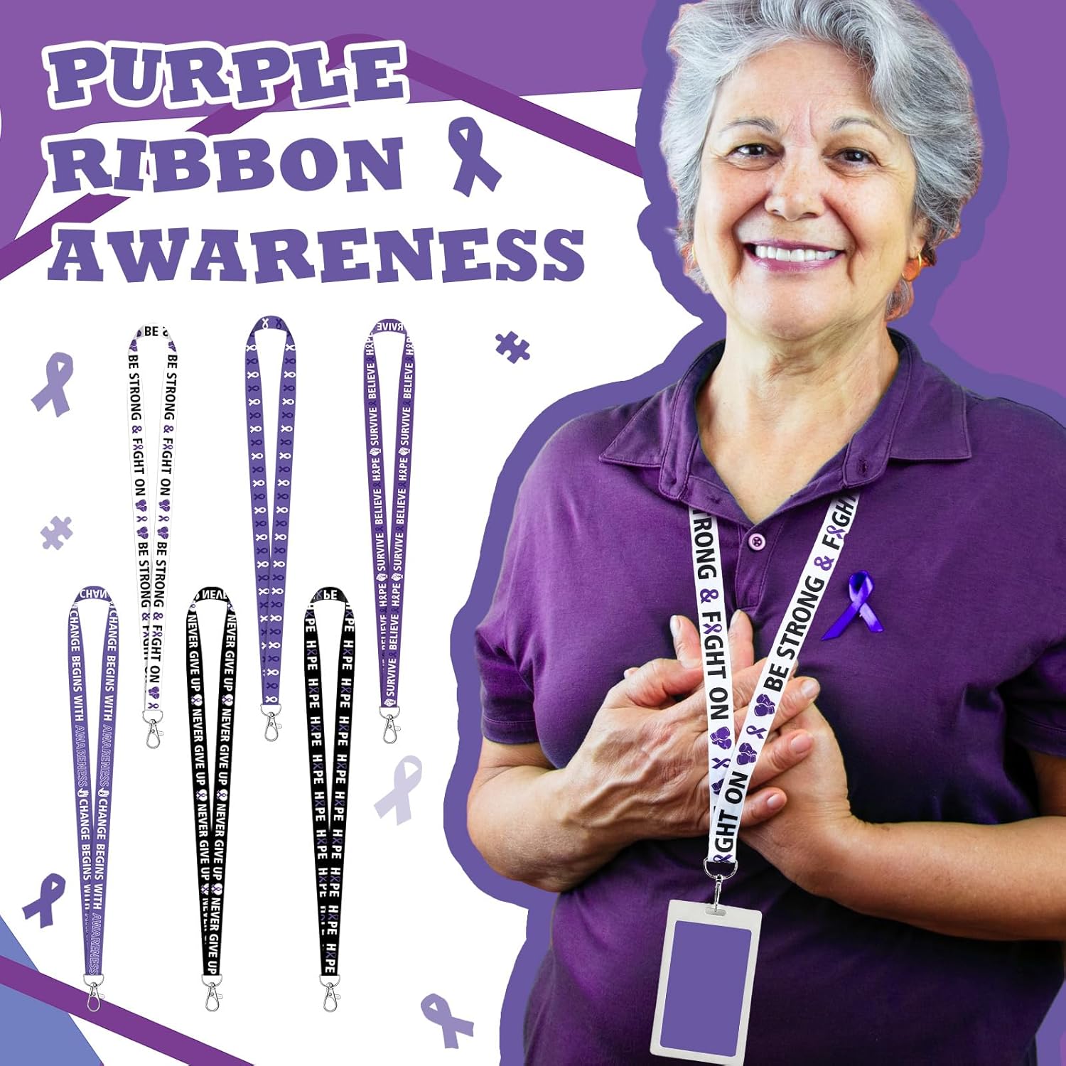 Fullhawl 60 Pcs Purple Ribbon Awareness Lanyard Lupus Alzheimer Neck Lanyards with Badge Clip for Animal Abuse Epilepsy Pancreatic Cancer Domestic Violence Awareness Party Supplies Hope Faith Courage