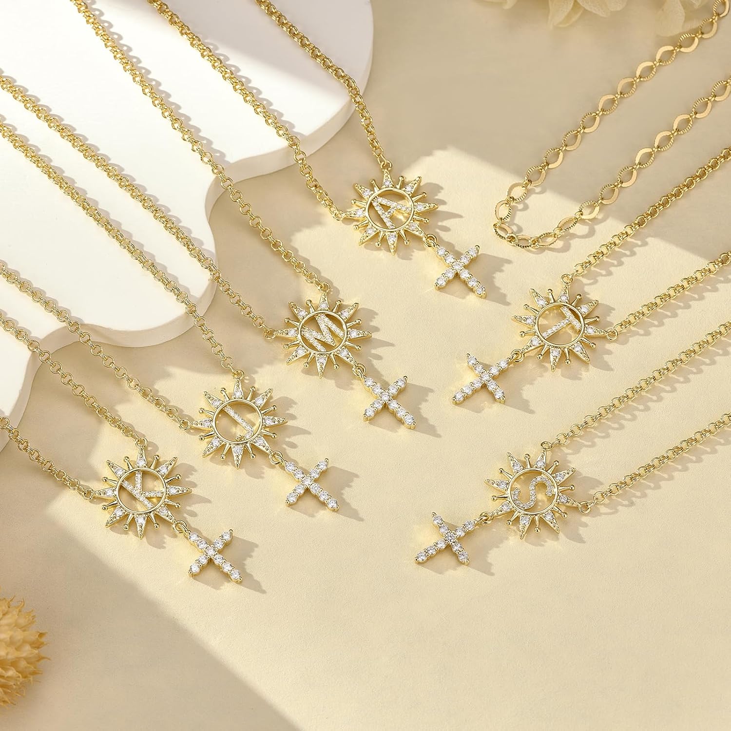 Letter Necklaces Sunflower Cross Necklace for Women 14K Gold Plated Cubic Zirconia Sunflower Initial Layered Cross Pendant Necklace A - Z Initial Jewelry for Women - Image 3