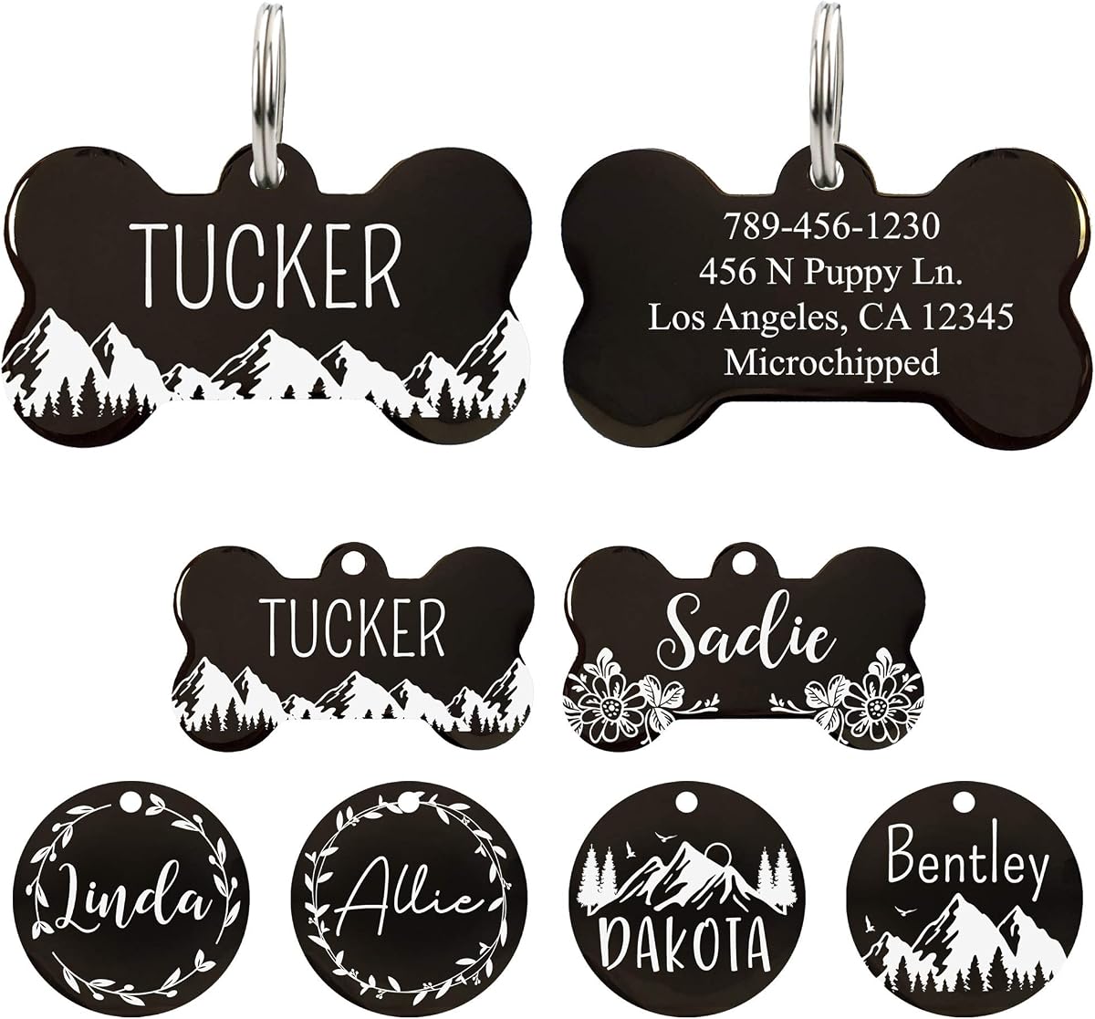 Personalized Stainless Steel Bone Pet ID Tags - For Dogs and Cats (1 Count, Small (1.6 x 0.8 inches), Black, Polished Finish)