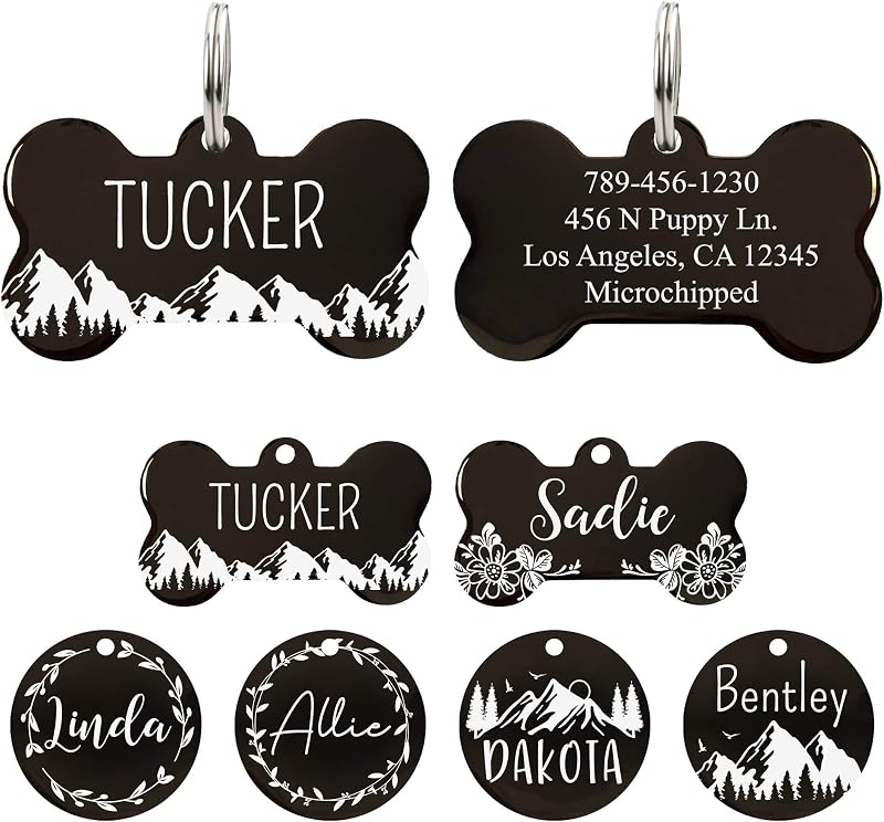 Personalized Stainless Steel Bone Pet ID Tags - For Dogs and Cats (1 Count, Small (1.6 x 0.8 inches), Black, Polished Finish)