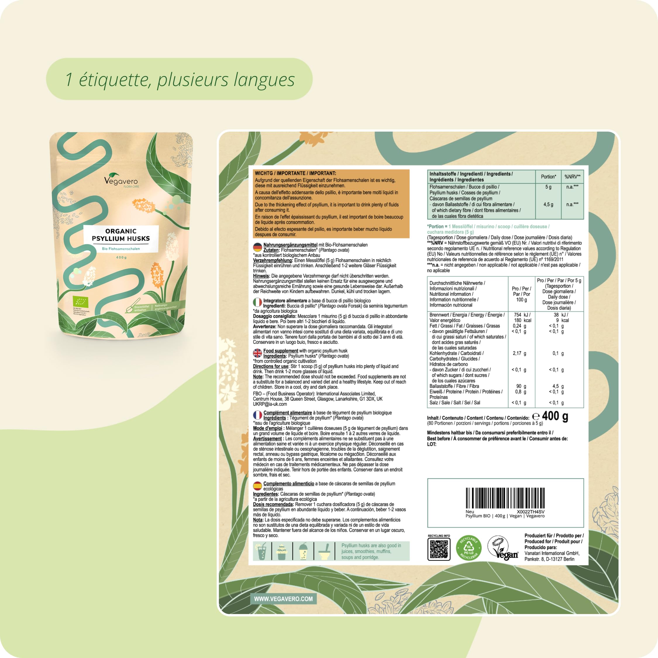Tegument Psyllium Blond BIO | 99% de Pureté | Riche en Fibre | Qualité Supérieure : Psillium Husk Naturel & Vegan | Digestion + Aide Transit | Sachet 400g | Vegavero®