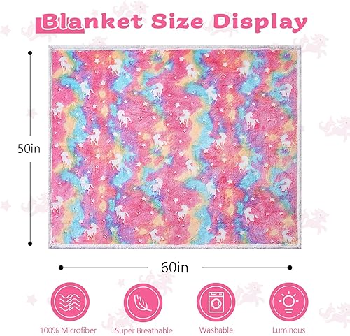Miniatura 7 de QSTEHEML Manta de unicornio que brilla en la oscuridad, manta de sherpa para niñas de 3, 4, 5, 6, 7, 8, 9, 10, 11, 12 años, manta suave y luminosa