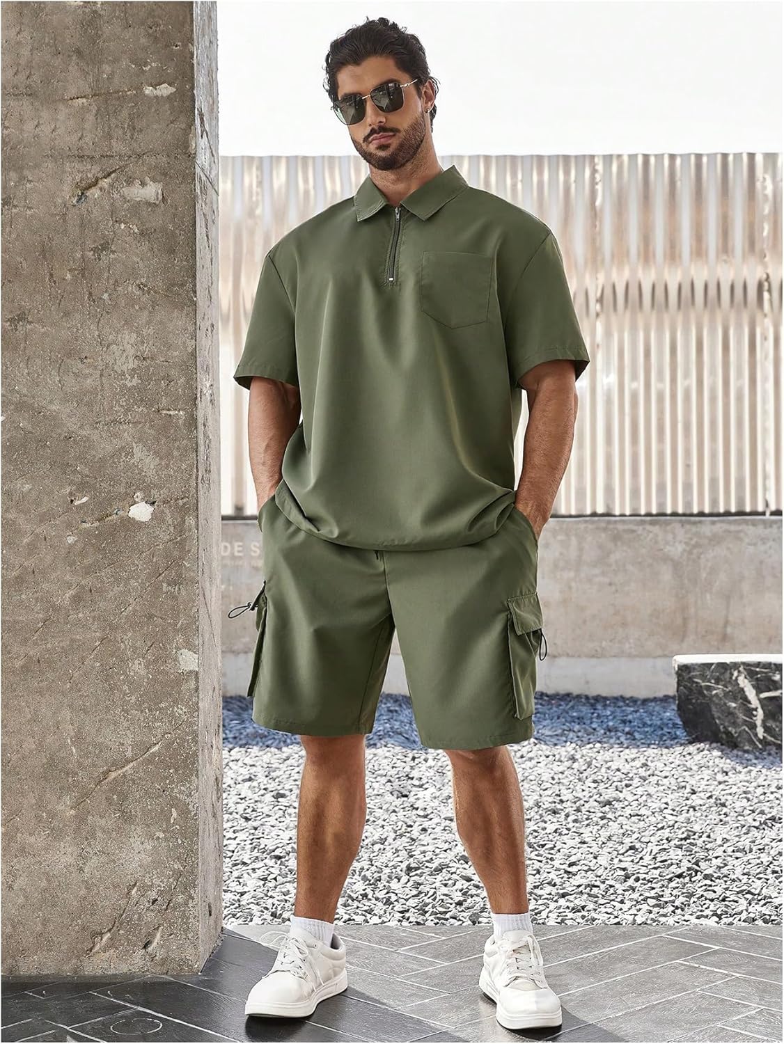 Men's Plus Size Two Piece Collared Neck Half Zipper T Shirts and Drawstring Shorts Clothing Set - Image 6