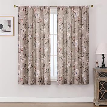 OWENIE Linen Floral Curtains for Bedroom - 63 Inch Length 2 Panels Set, Elegant Rustic Farmhouse Printed Rod Pocket Curtain Flower Patterned Drapes for Living Room,2 Pcs Each 40W x 63L,Taupe