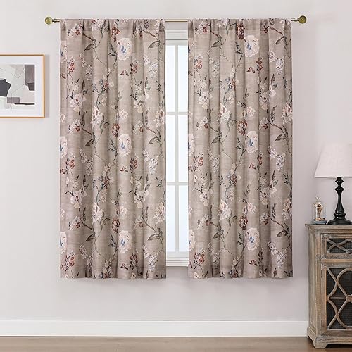 OWENIE Linen Floral Curtains for Bedroom - 63 Inch Length 2 Panels Set, Elegant Rustic Farmhouse Printed Rod Pocket Curtain Flower Patterned Drapes for Living Room,2 Pcs Each 40W x 63L,Taupe