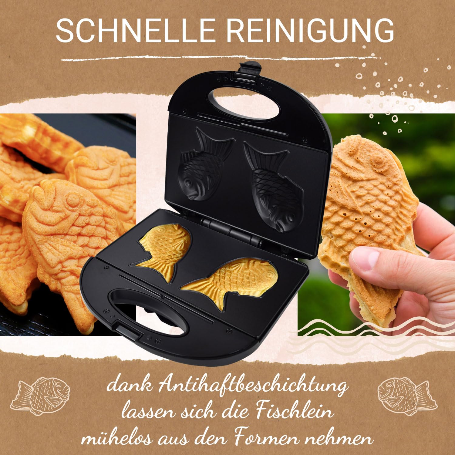 Syntrox Taiyaki Maker | Grill | Fisch Waffeleisen Fischform | Japanisches Gebäck, 750W, japanische Süßspeisen, Überhitzungsschutz, Küchenhelfer, rutschfeste Backplatte, Edelstahl