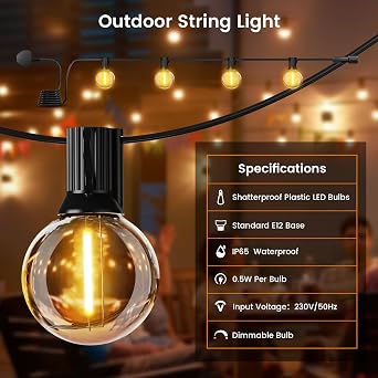 OHLUX 55FT/16m Outdoor Festoon Lights LED String Garden Lights Mains Powered with 26 G40 Bulbs, 2200K Warm White, IP65 Waterproof, Connectable for Porch, Patio, Gazebo, Party [Energy Class F]