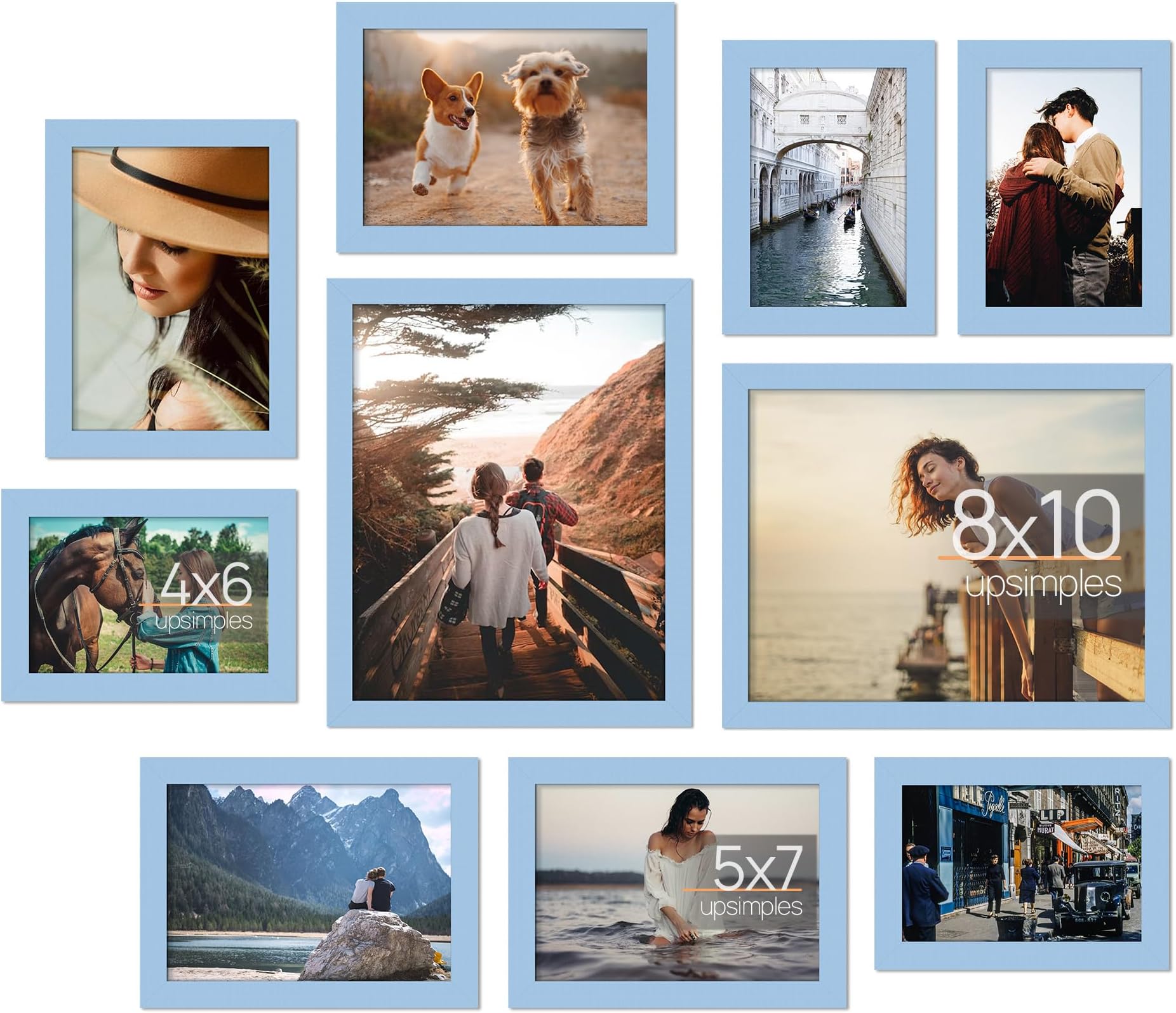 upsimples 10 Pack Picture Frames Collage Wall Decor for Mounting or Tabletop Display, Photo Gallery Frame Set for Family, Multi Sizes Including 8x10, 5x7, 4x6, Blue
