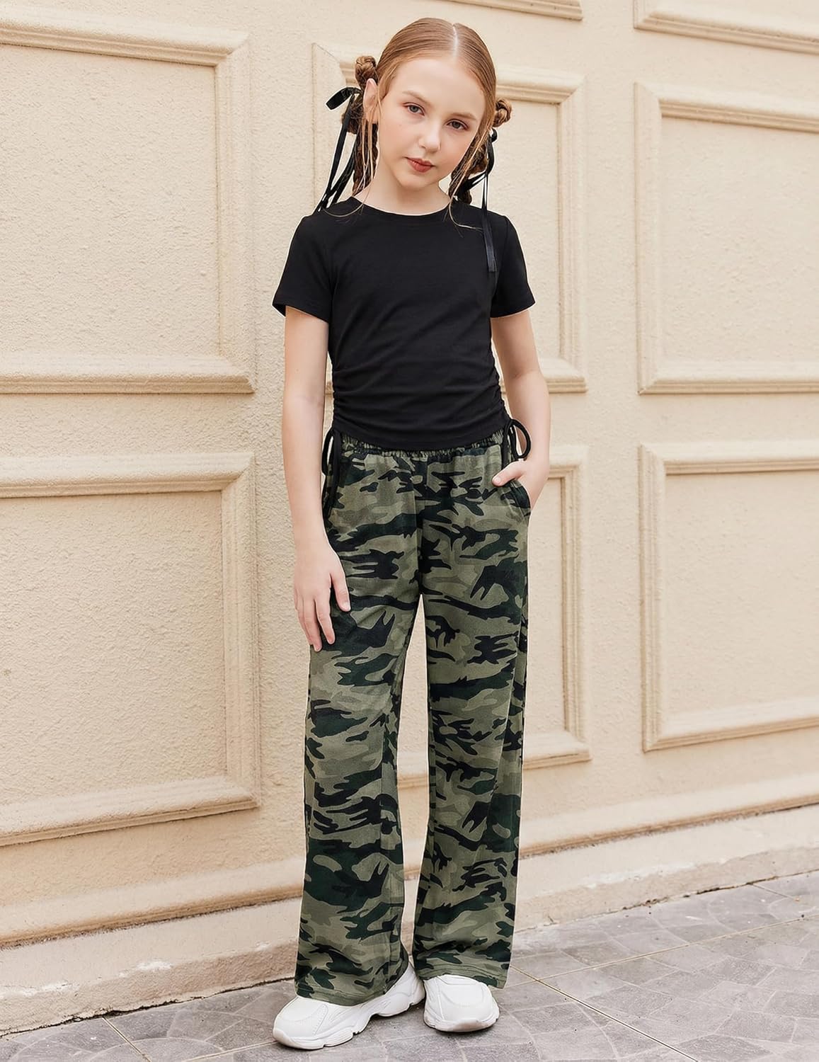 Arshiner Girls 2 Piece Outfits Short Sleeve Ruched Drawstring Crewneck Tops and Wide Leg Pants with Pockets Clothing Sets - Image 2