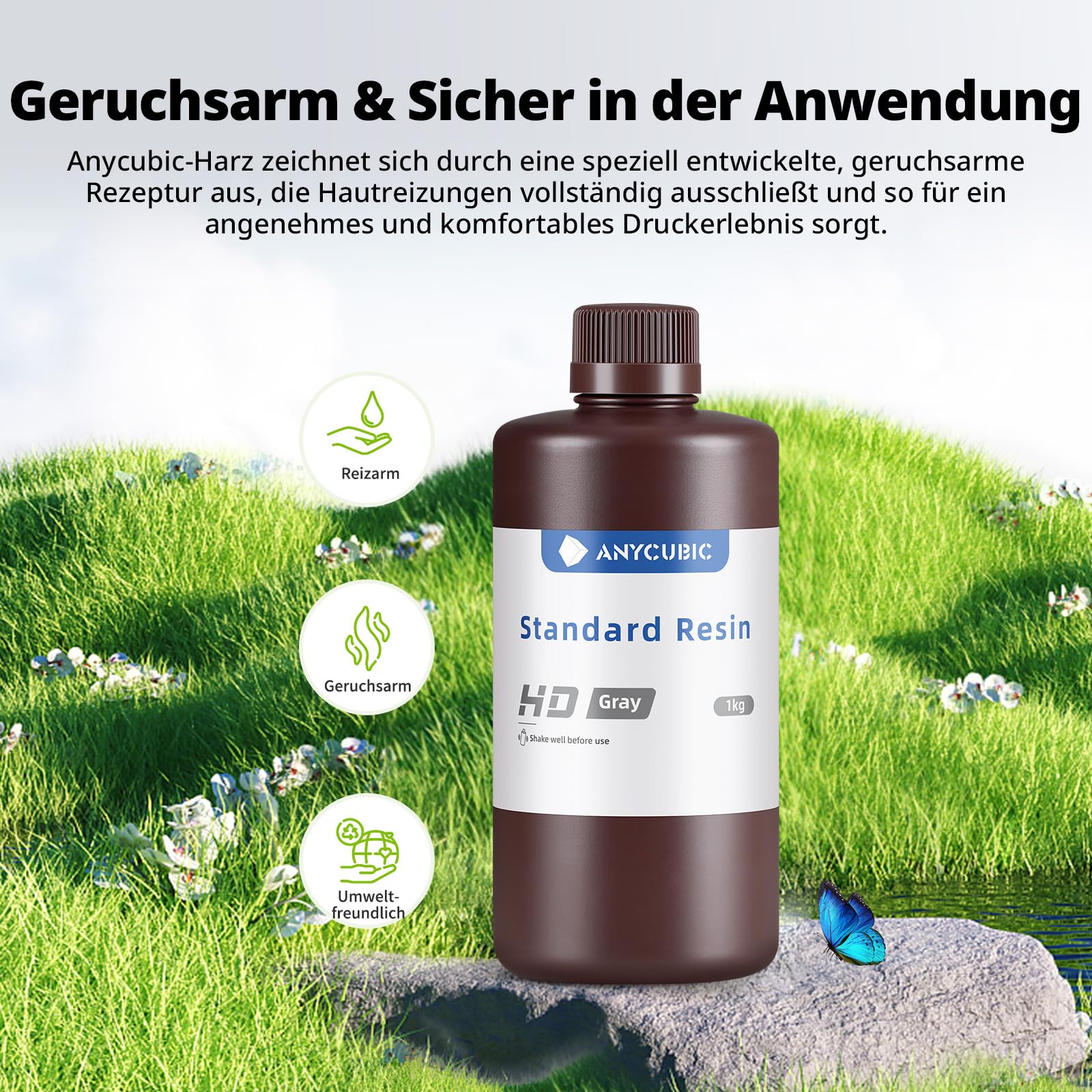 ANYCUBIC 3D Drucker Resin, UV 405nm Standard Rapid Photopolymer Resin, mit Hoher Genauigkeit und Schneller Aushärtung und Hervorragender Fließfähigkeit für den LCD DLP 3D Printer (Grau, 1kg, 4pcs)