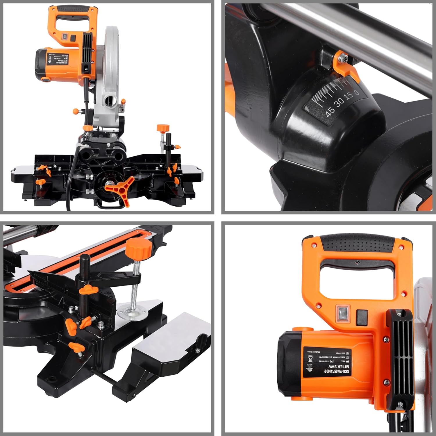 10 Inch Sliding Miter Saw Single Bevel Dual Speed 5000 RPM 3200 RPM 48 Tooth Blade Angle Cutting Power Tool Black+Orange