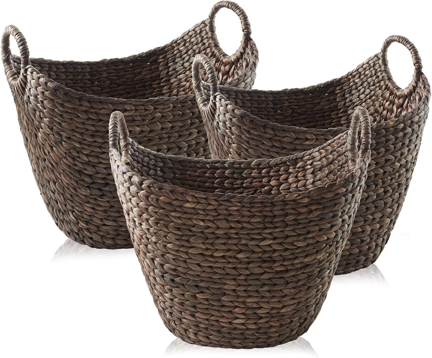 Casafield Set of 3 Multipurpose Boat Baskets with Handles - Espresso, Woven Water Hyacinth Storage Organizers for Throw Blankets, Bedroom, Living Room, Laundry