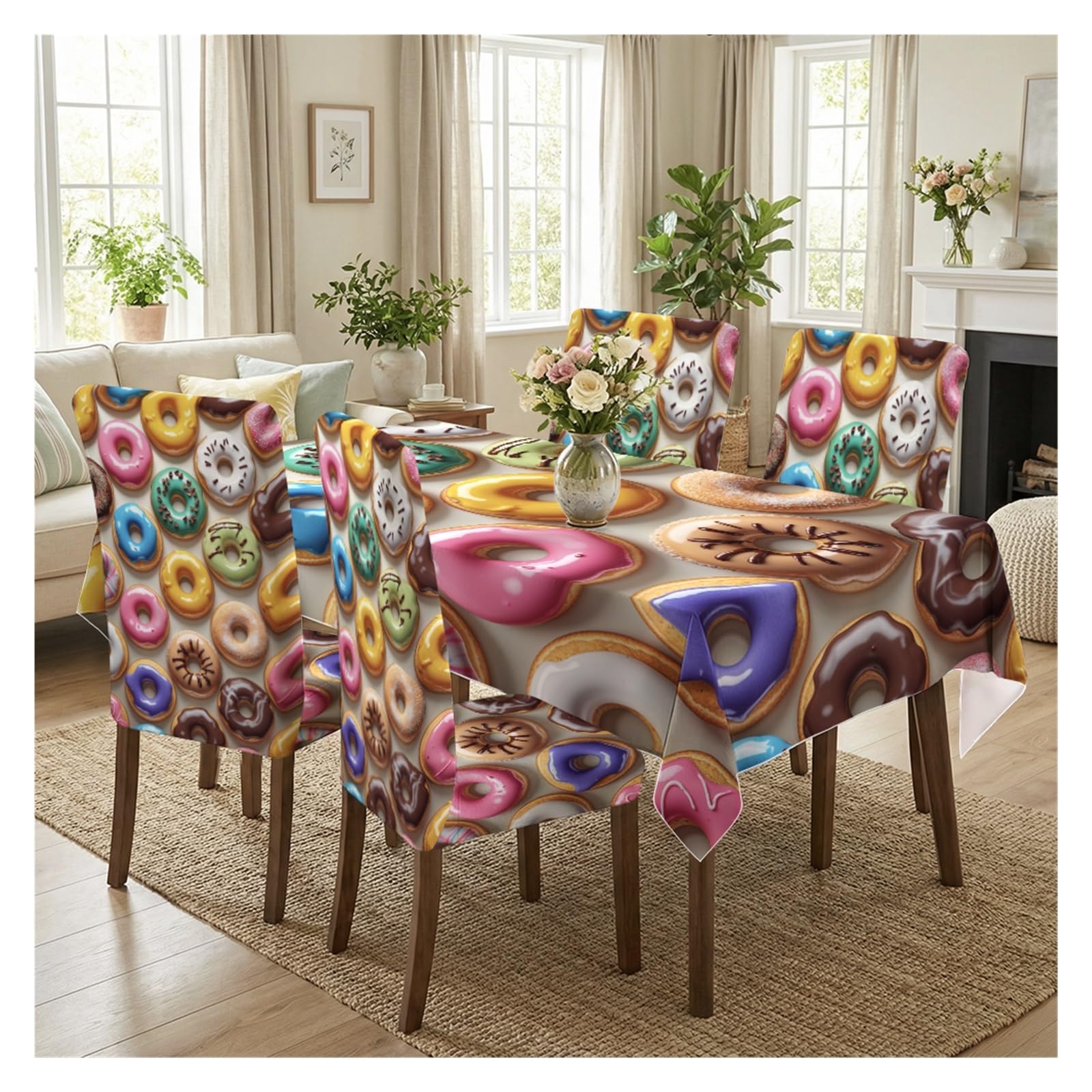 KXUAUV Colorful Donut Print Stretch Dining Chair Covers & Tablecloth Set, 5/7 Pack Party Decor(5pcs Set: Tablecloth+Chair Covers)