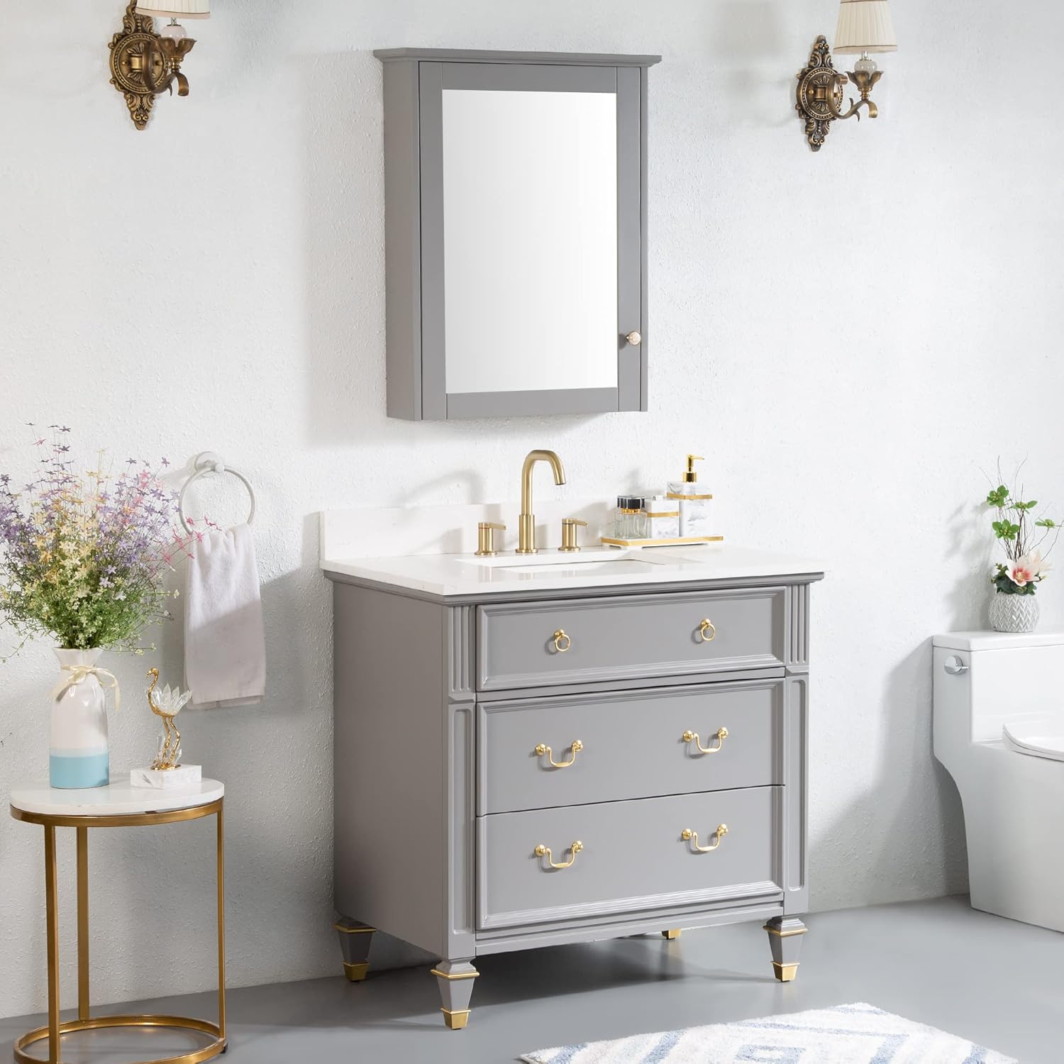 WELLFOR 36" Bathroom Vanity with 24" Wall Mounted Mirror Cabinet, Wooden Bathroom Vanity with Sink Set, Freestanding Bathroom Furniture for Home Decor and Storage Organization, White