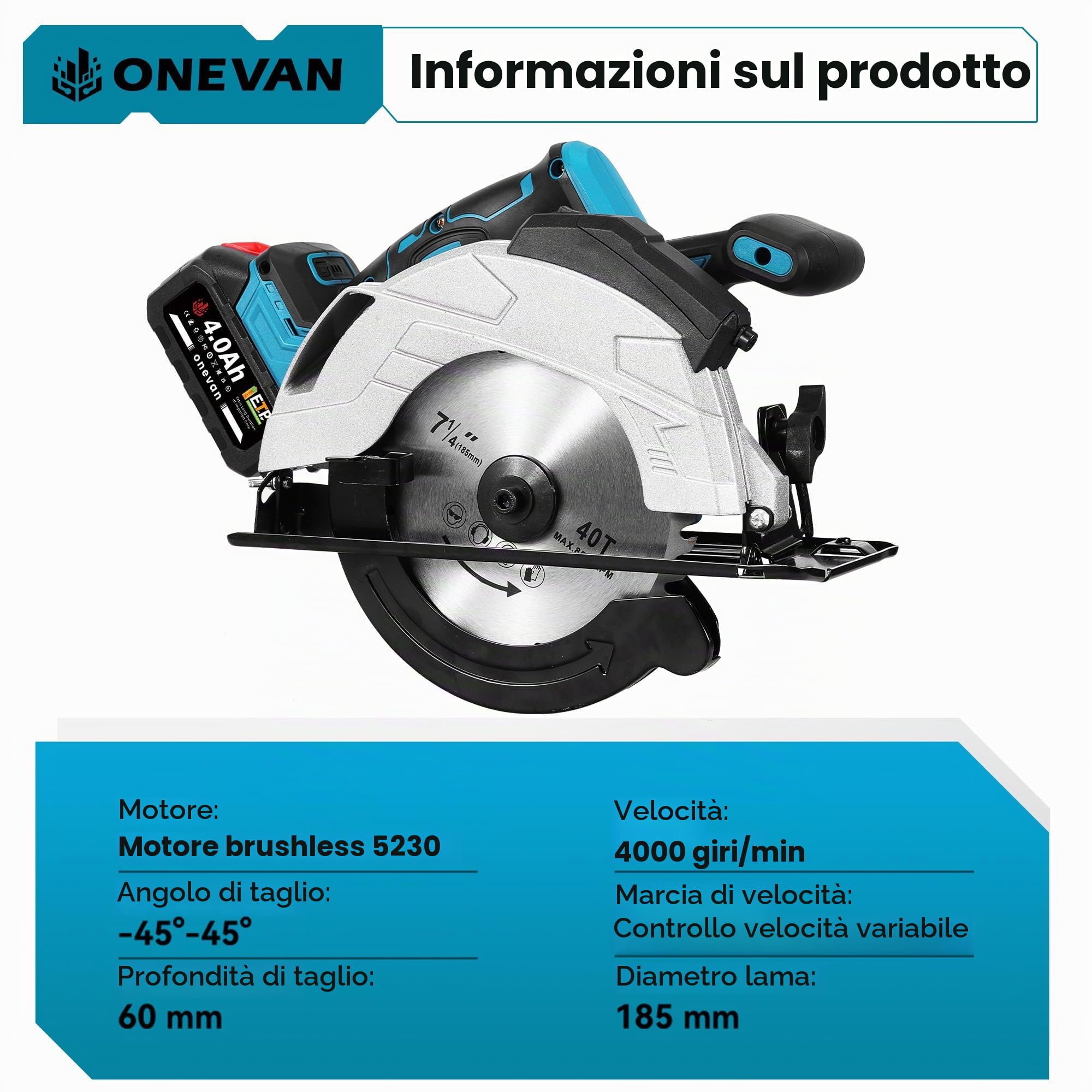 ONEVAN Sega Circolare a Batteria con Laser 125mm Profondità 60mm e 2x4.0Ah | Guida laser precisa, 1200W motore senza spazzole, 0-45° taglio inclinato, 4000 giri/min, Per legno, plastica & metalli