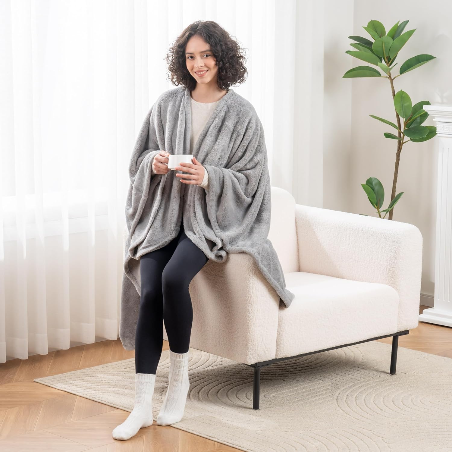 Berkshire Blanket Primalush™ Wearable Blanket, Cozy Loungewear Pocketed Plush Cape Wrap for Adults & Teens(Pebble Gray, One Size 58"X64") - Image 4