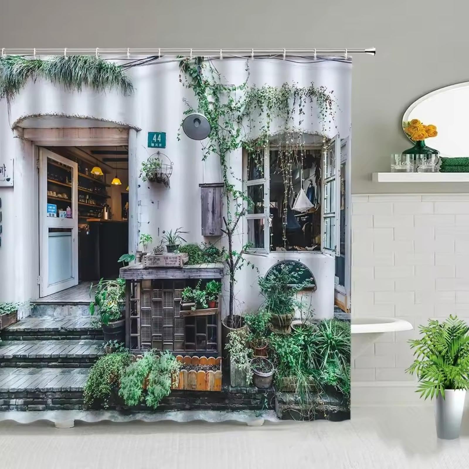 Rideau de douche imperméable avec paysage chinois et écran de salle de bain rétro en tissu