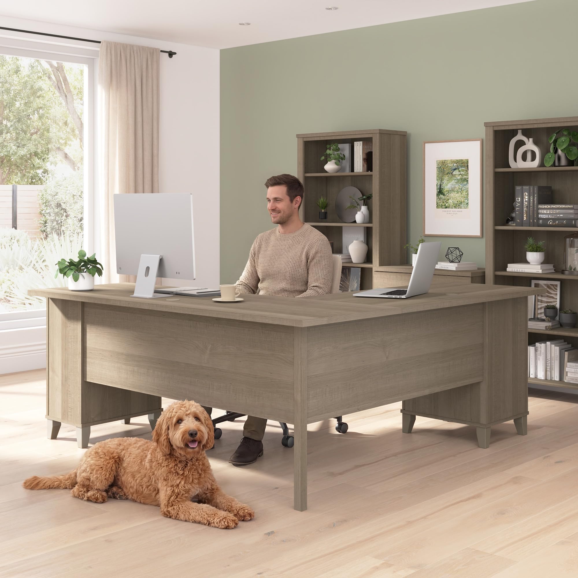 Amazon | Bush Furniture 72インチワイド L字型デスク グレー色