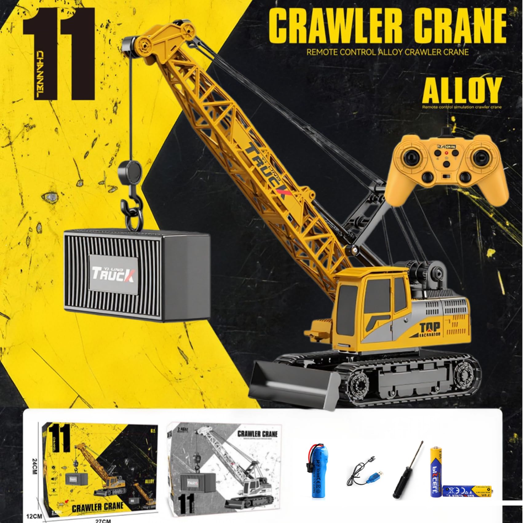 Gru Telecomandata Bambini, Camion Gru 11 Canali Veicolo da Cantiere RC 1:20 con Gancio e Rotazione 360°, Giocattolo Auto Radiocomandata con Luce e Suono, Regalo Bambini 3-8 Anni