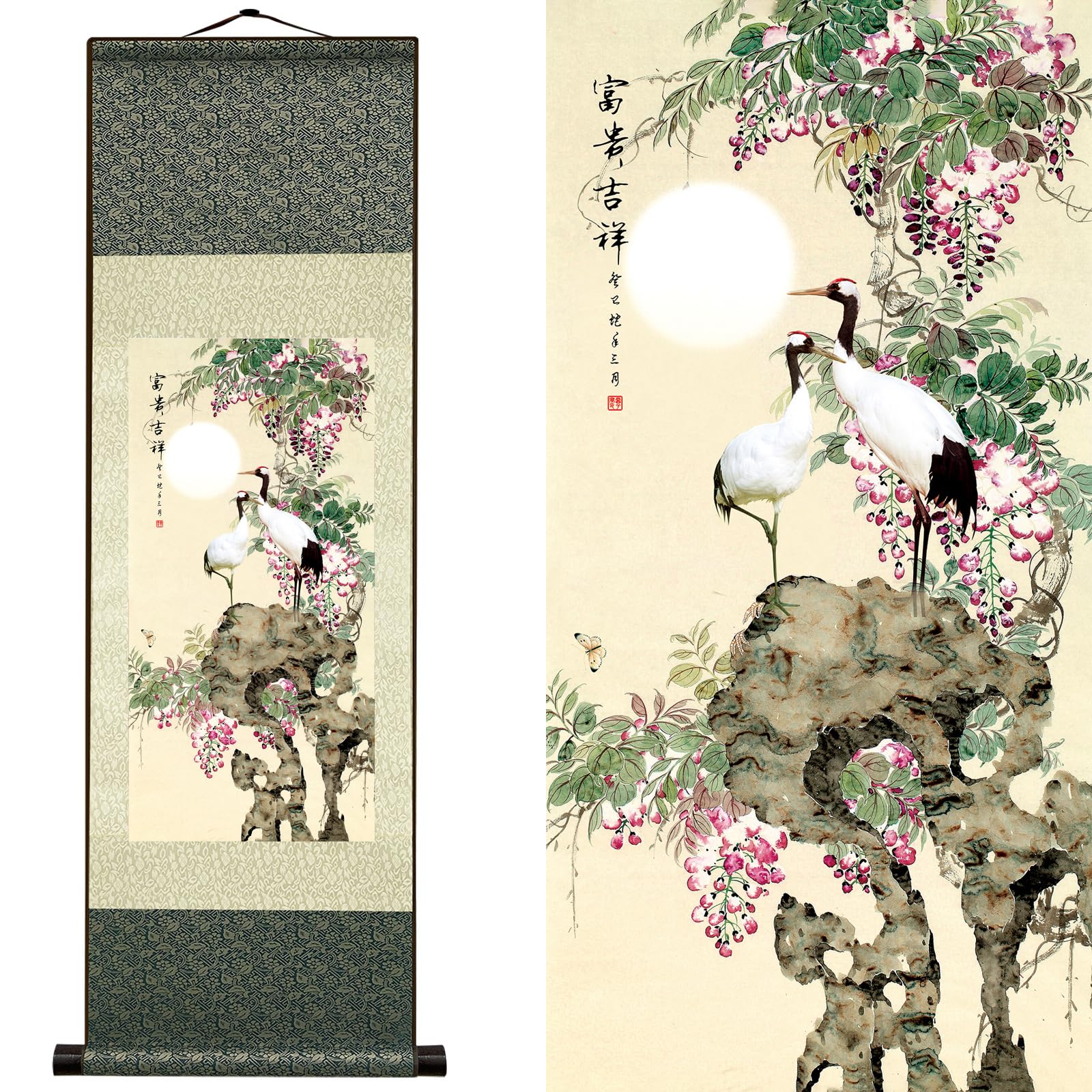 Newscz Bedroom Pictures for Wall Art Decor Wall Painting Silk Scroll Art Paintings Sarus Crane Posters Wall Tapestry Bedroom Canvas Asian House Decoration for Living Room Home Decor 36 by 12 in