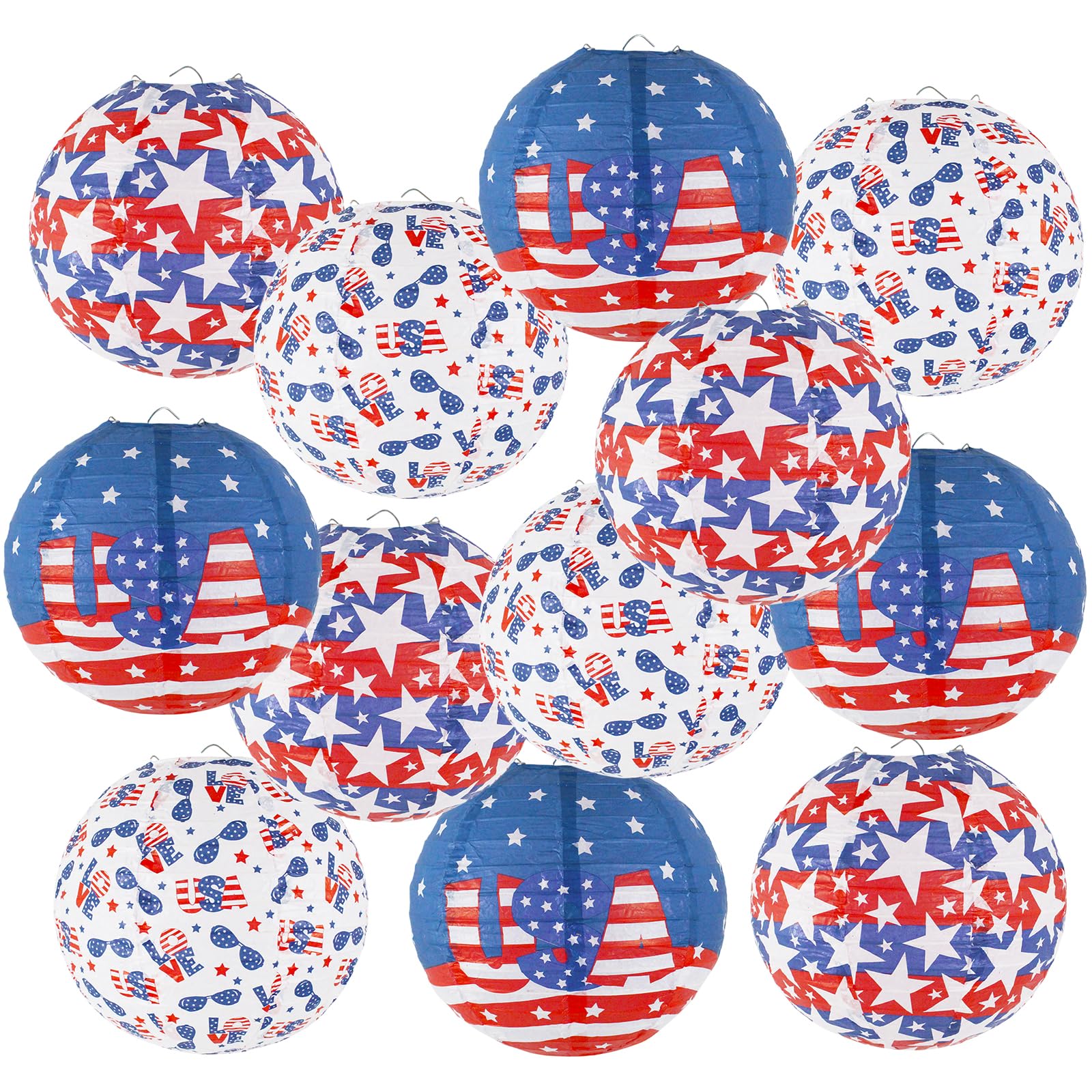 zilue 4th of July Decorations Red White and Blue Hanging Paper Lanterns for Patriotic Decorations American Independence Day Memorial Day Party Supplies Pack of 12
