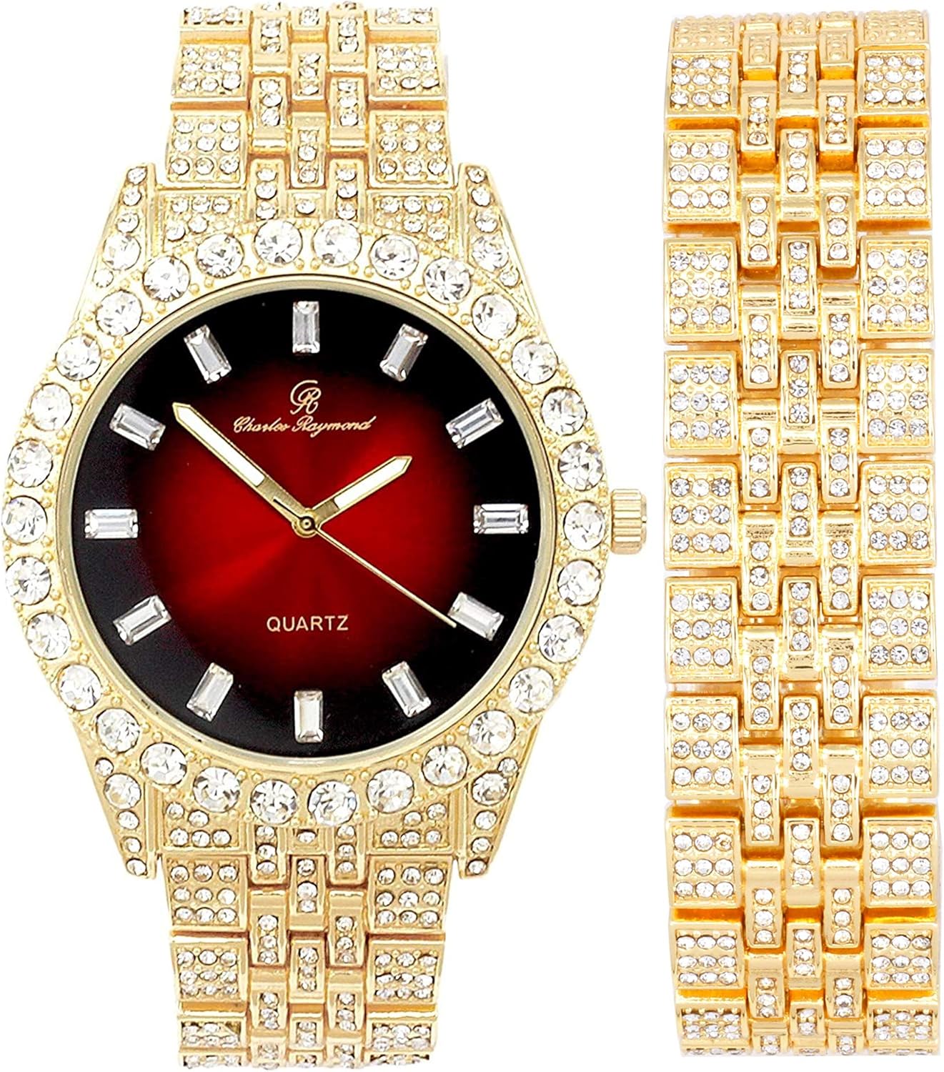 Iced Mens Single Watch or Watch w/Matching Rolly or Cuban Hip Hop Bracelet - Your Choice! - Big Rhinestones on Trim and Elegant Baguette Time Indicators on Dial - Master Bling Designer - ST10226B